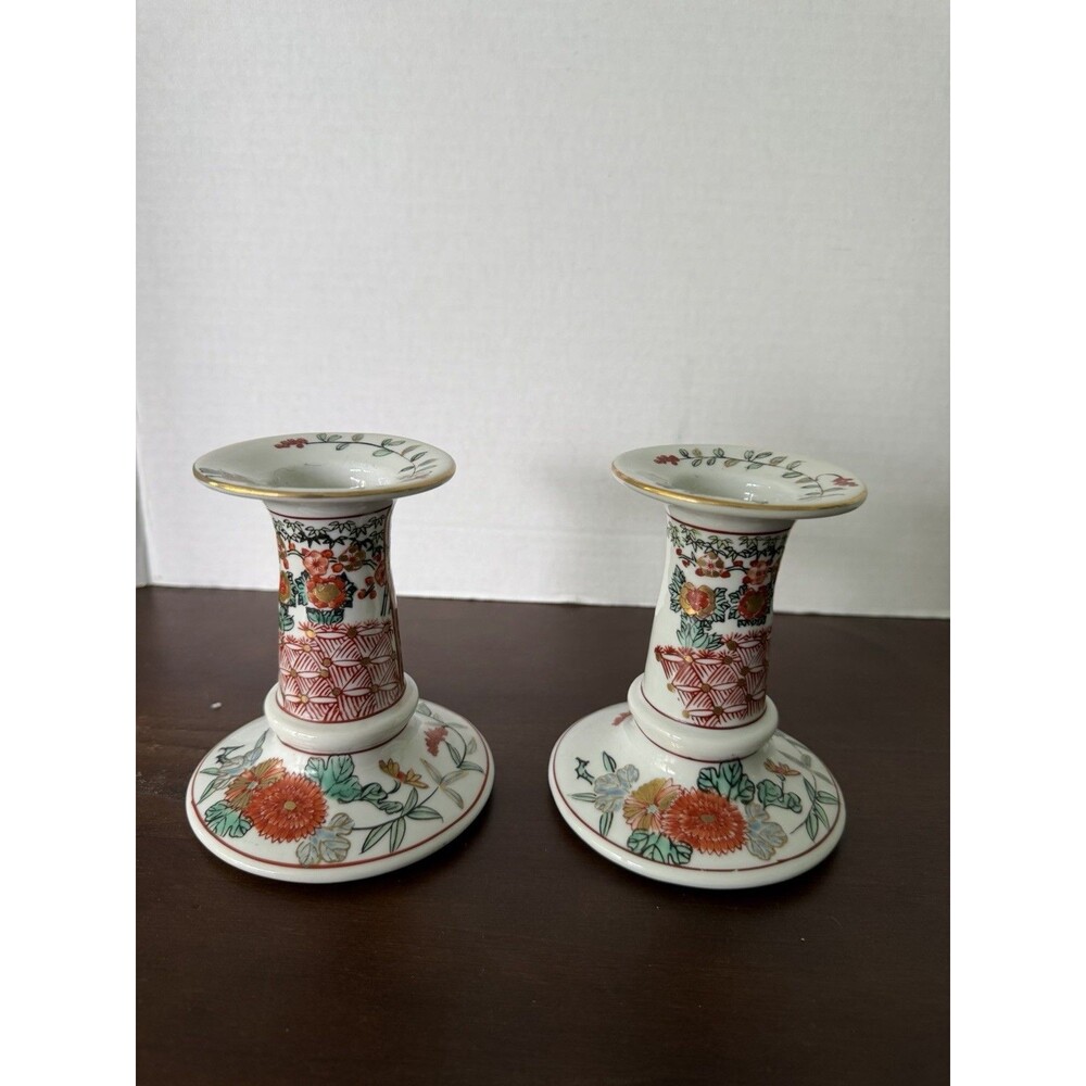 Vtg Gold Imari Japanese Porcelain Hand painted Candlestick Holders set of 2